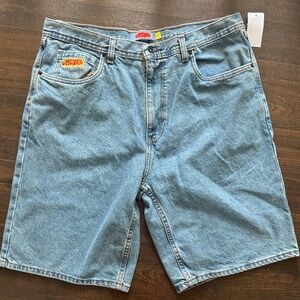Empyre Light Blue Denim Jean Shorts with Branded Coin Patch